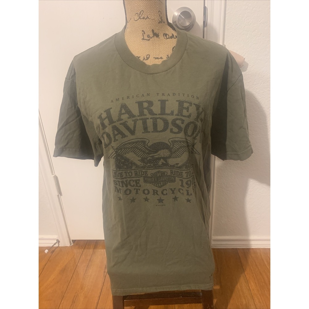 Harley Davidson Large Men's T Shirt 100% Cotton Olive Green Dallas TX EUC